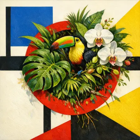 Red Circle Jungle — Bauhaus constructivism × unruly organic life