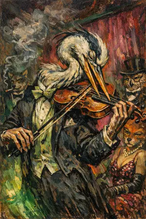 Heron With a Violin — Weimar expressionist portraiture × animal masquerade