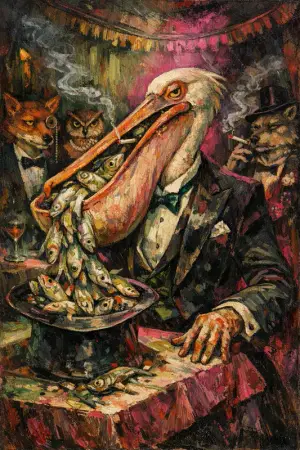 The Pelican Magician — Weimar expressionist portraiture × animal masquerade