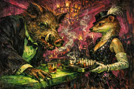 The Boar and the Cigarette Girl — Weimar expressionist portraiture × animal masquerade