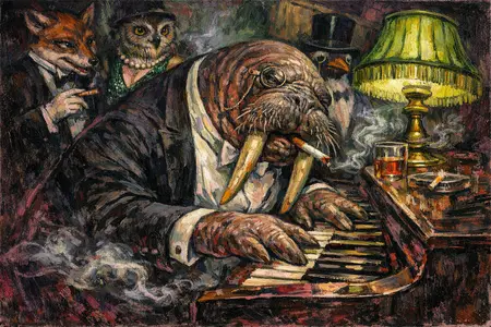Walrus at the Piano — Weimar expressionist portraiture × animal masquerade