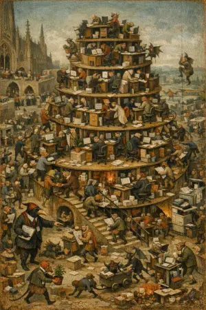 Hell of the Hot Desk — Bosch and Bruegel Northern Renaissance panel × modern office life