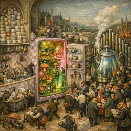 Kitchenette of the Hyperreal — Bosch and Bruegel Northern Renaissance panel × modern office life