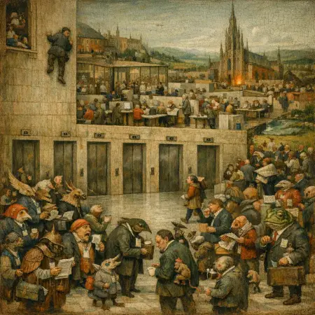 Lift Lobby Purgatory — Bosch and Bruegel Northern Renaissance panel × modern office life