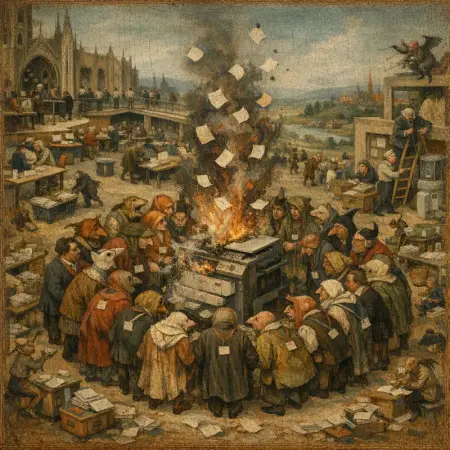 Parable of the Printer — Bosch and Bruegel Northern Renaissance panel × modern office life