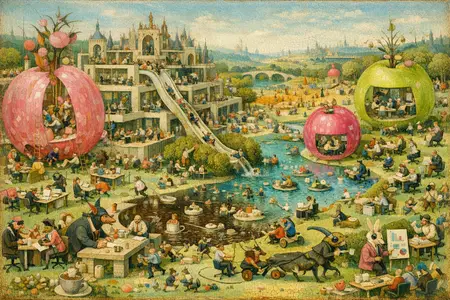 The Business Park Pleasure Garden — Bosch and Bruegel Northern Renaissance panel × modern office life