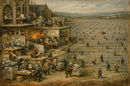 The Car Park of Penance — Bosch and Bruegel Northern Renaissance panel × modern office life