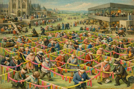 The Lanyard Labyrinth — Bosch and Bruegel Northern Renaissance panel × modern office life