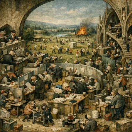 The Offsite — Bosch and Bruegel Northern Renaissance panel × modern office life