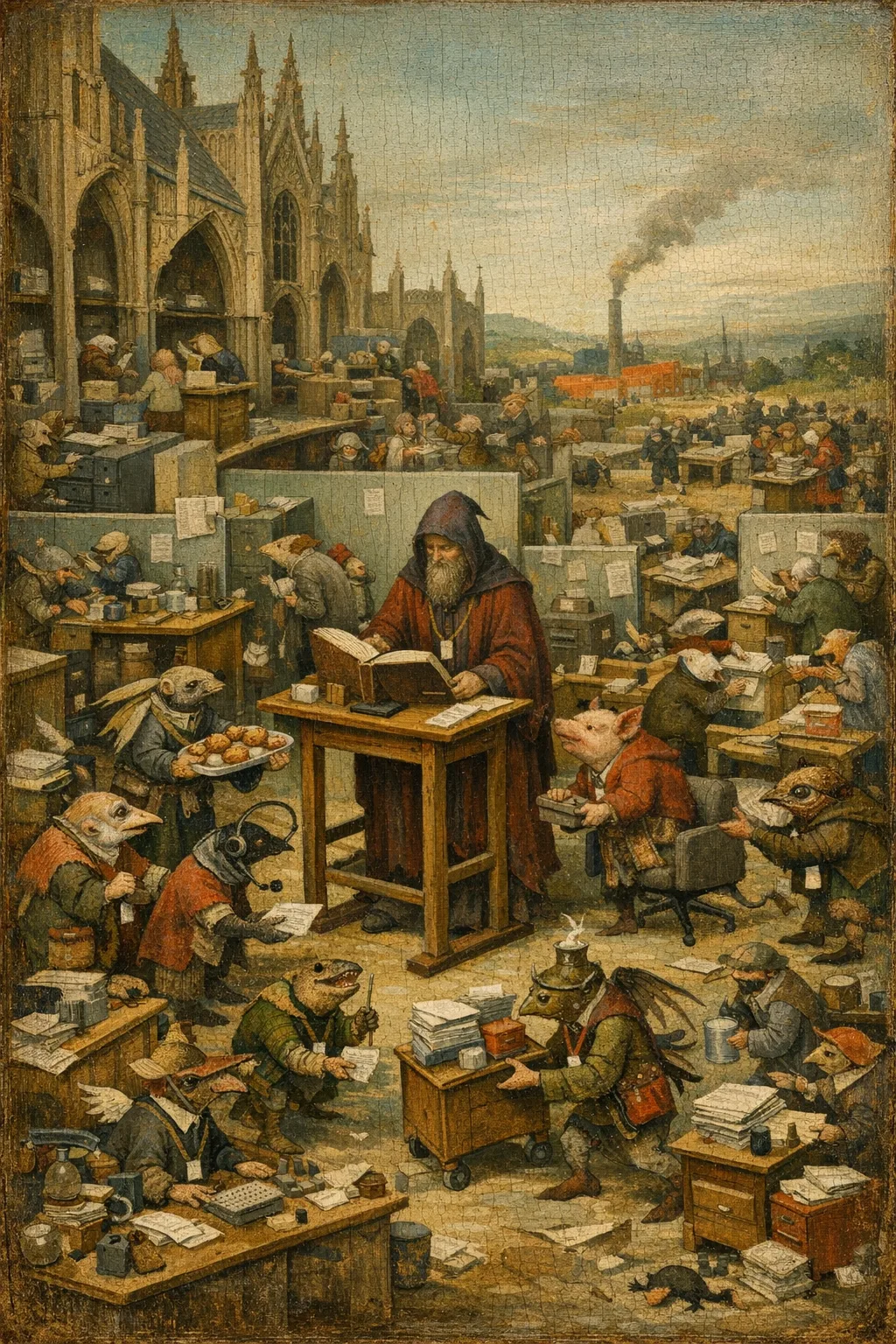 The Open Plan Temptation — Bosch and Bruegel Northern Renaissance panel × modern office life