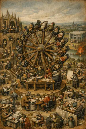 The Performance Review Wheel — Bosch and Bruegel Northern Renaissance panel × modern office life