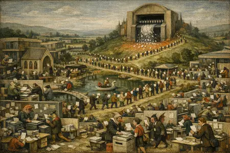The Shredder Pilgrimage — Bosch and Bruegel Northern Renaissance panel × modern office life