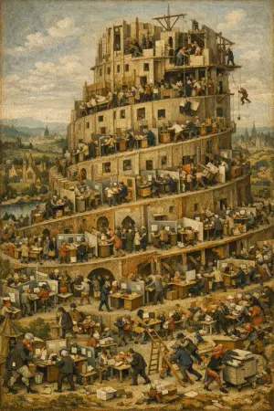 Tower of Reorg — Bosch and Bruegel Northern Renaissance panel × modern office life