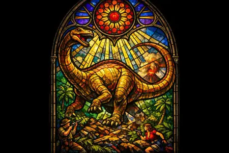 Dinosaur in the Tracery — Cathedral stained glass × golden-age pulp comics
