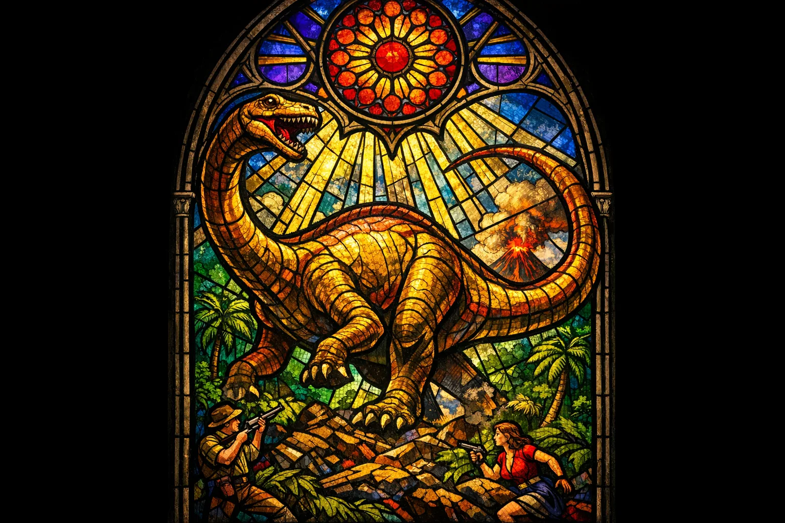 Dinosaur in the Tracery — Cathedral stained glass × golden-age pulp comics