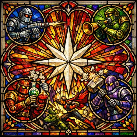 The Four Evangelists — Cathedral stained glass × golden-age pulp comics