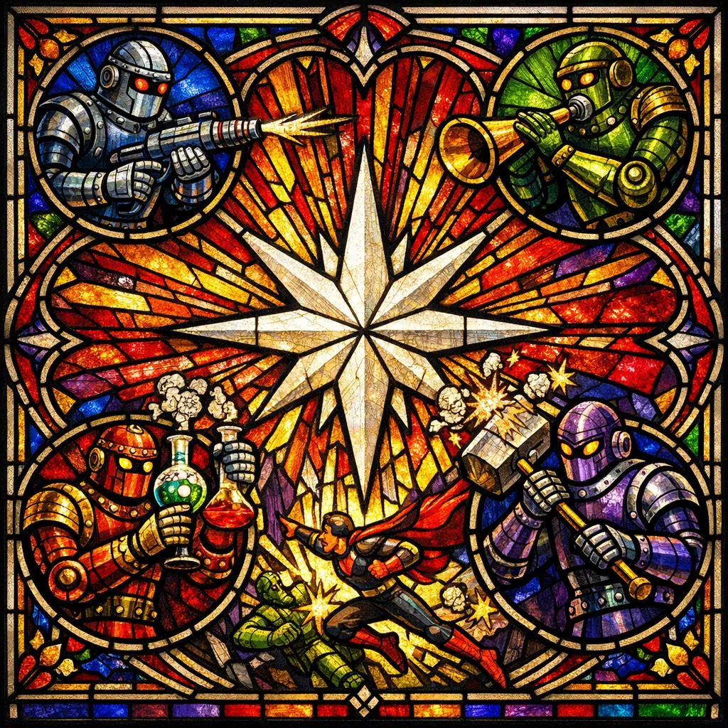 The Four Evangelists — Cathedral stained glass × golden-age pulp comics