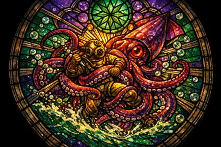 Squid and Diver — Cathedral stained glass × golden-age pulp comics