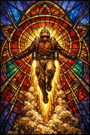 Jetpack Ascension — Cathedral stained glass × golden-age pulp comics
