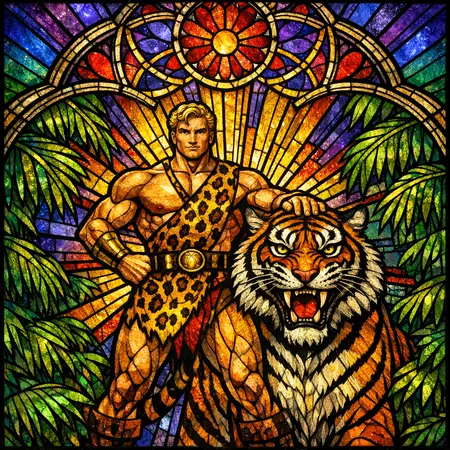Jungle Queen and the Tiger — Cathedral stained glass × golden-age pulp comics
