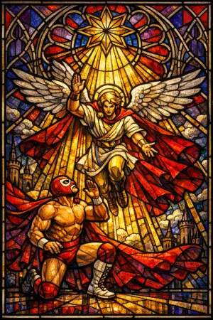Luchador Annunciation — Cathedral stained glass × golden-age pulp comics