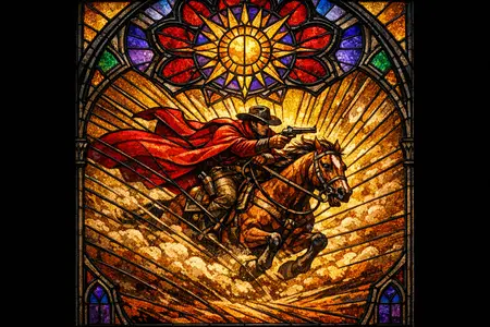 Ranger of the Dust Bowl — Cathedral stained glass × golden-age pulp comics