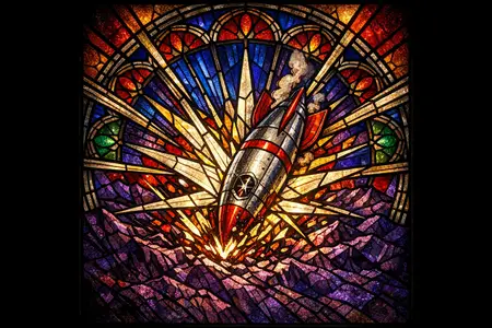 Window of the Crash — Cathedral stained glass × golden-age pulp comics
