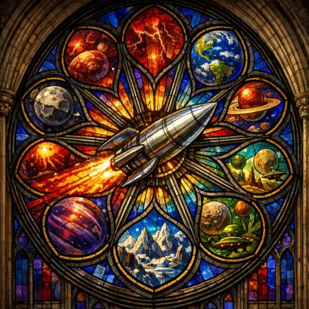 Rocket Rose Window — Cathedral stained glass × golden-age pulp comics