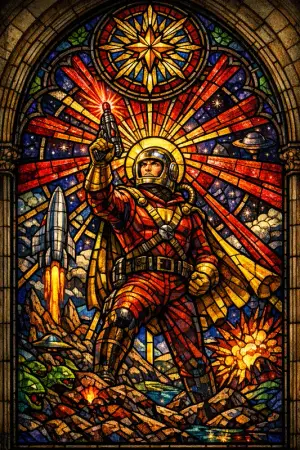 Saint of the Ray Gun — Cathedral stained glass × golden-age pulp comics
