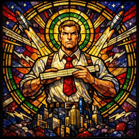 Saint of the Slide Rule — Cathedral stained glass × golden-age pulp comics
