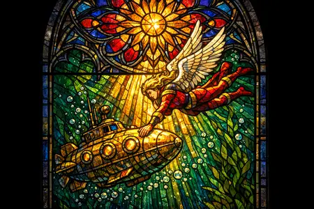 Submarine Annunciation — Cathedral stained glass × golden-age pulp comics