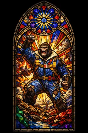 The Ape Lancet — Cathedral stained glass × golden-age pulp comics