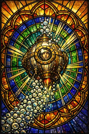 The Bathysphere Ascension — Cathedral stained glass × golden-age pulp comics