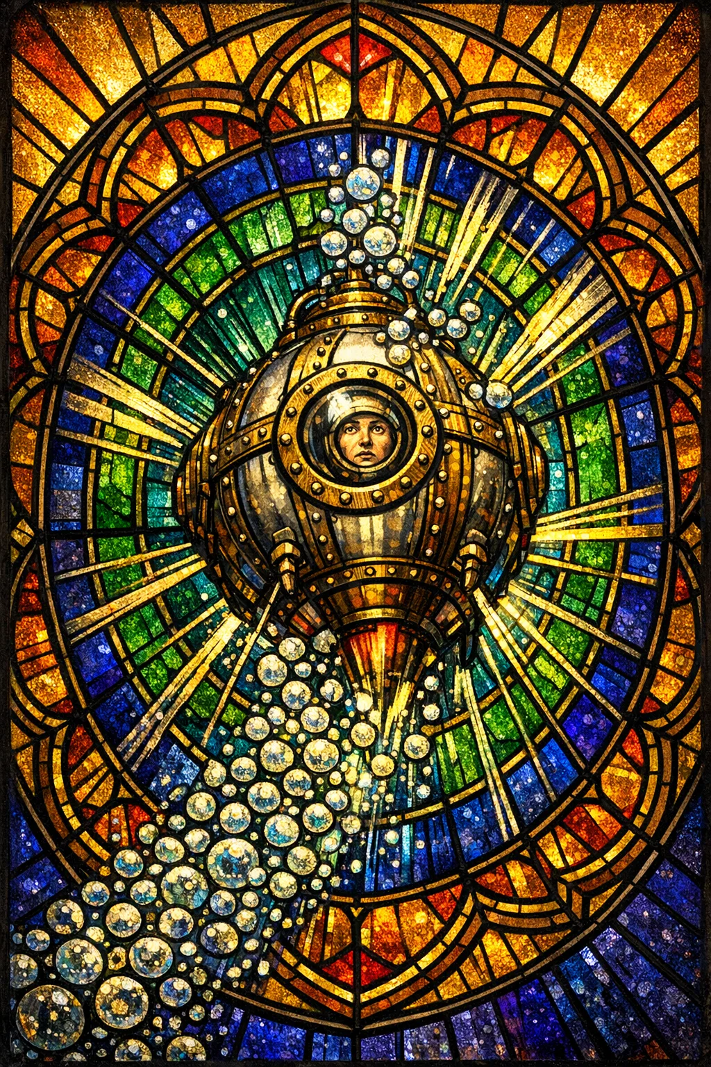 The Bathysphere Ascension — Cathedral stained glass × golden-age pulp comics