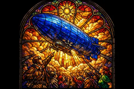 The Dirigible Visitation — Cathedral stained glass × golden-age pulp comics