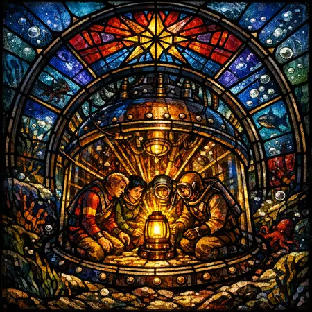 The Diving Bell Nativity — Cathedral stained glass × golden-age pulp comics