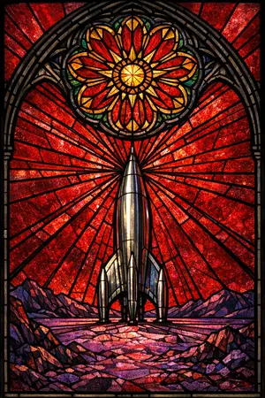 The Last Rocket — Cathedral stained glass × golden-age pulp comics