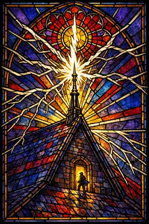 The Lightning Rod Saint — Cathedral stained glass × golden-age pulp comics