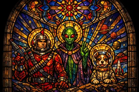 The Martian Deesis — Cathedral stained glass × golden-age pulp comics