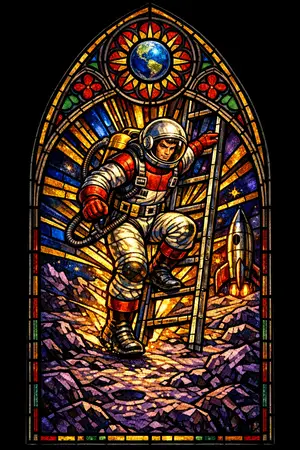 The Moon Landing — Cathedral stained glass × golden-age pulp comics
