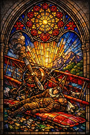 The Pilot Pietà — Cathedral stained glass × golden-age pulp comics