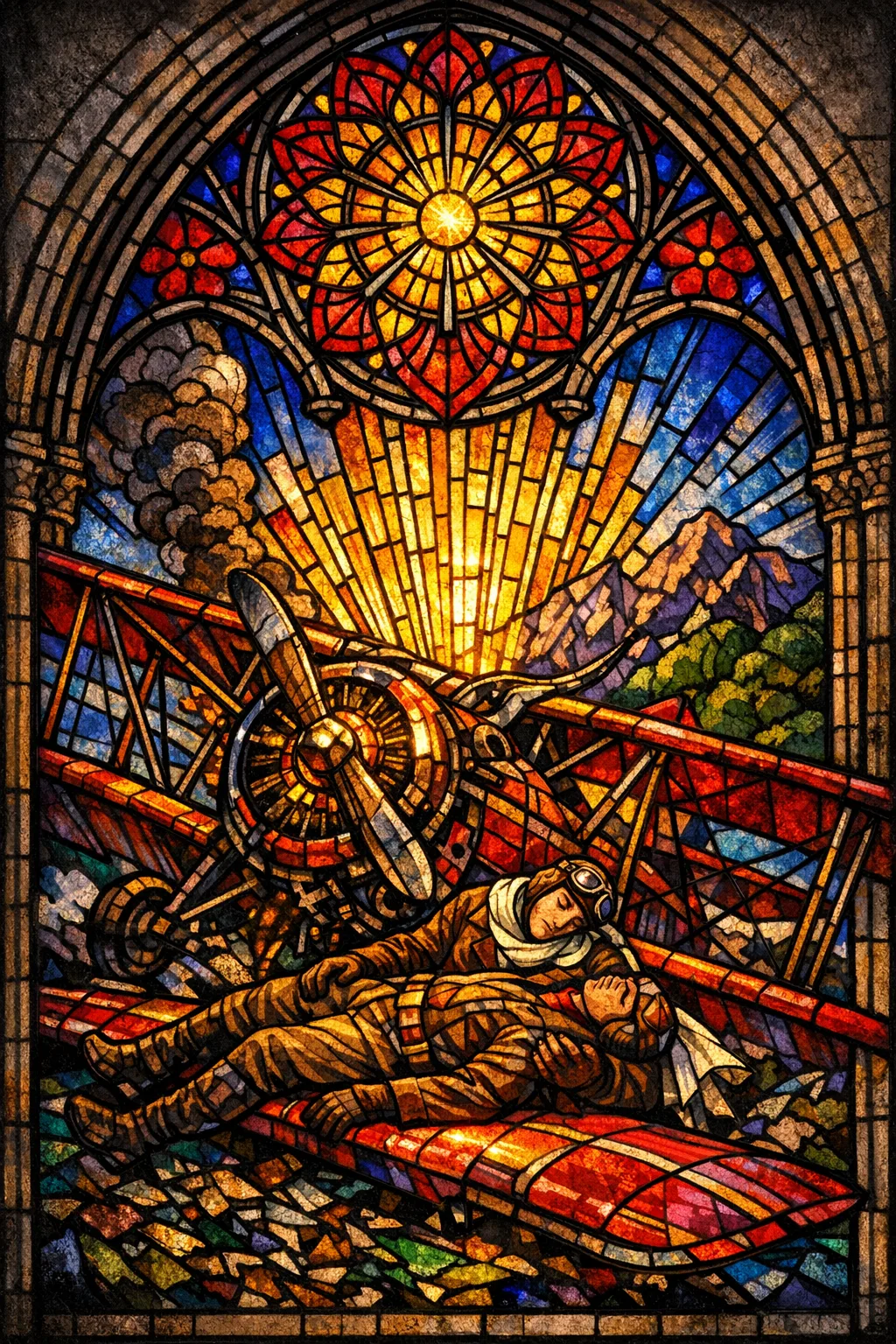 The Pilot Pietà — Cathedral stained glass × golden-age pulp comics