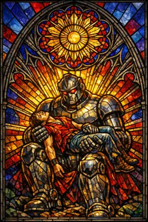 The Robot Pietà — Cathedral stained glass × golden-age pulp comics