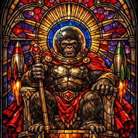 The Space Ape Throne — Cathedral stained glass × golden-age pulp comics