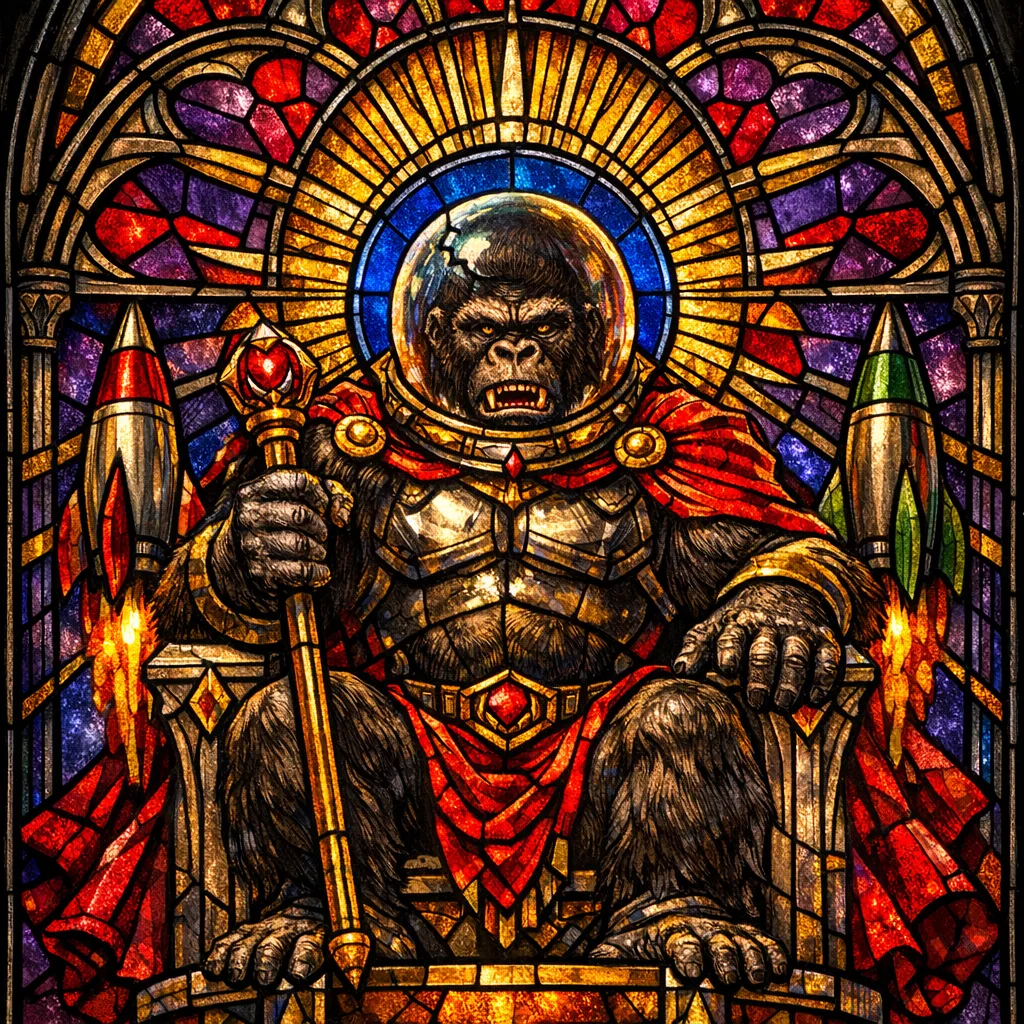 The Space Ape Throne — Cathedral stained glass × golden-age pulp comics