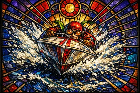 The Speedboat Charge — Cathedral stained glass × golden-age pulp comics