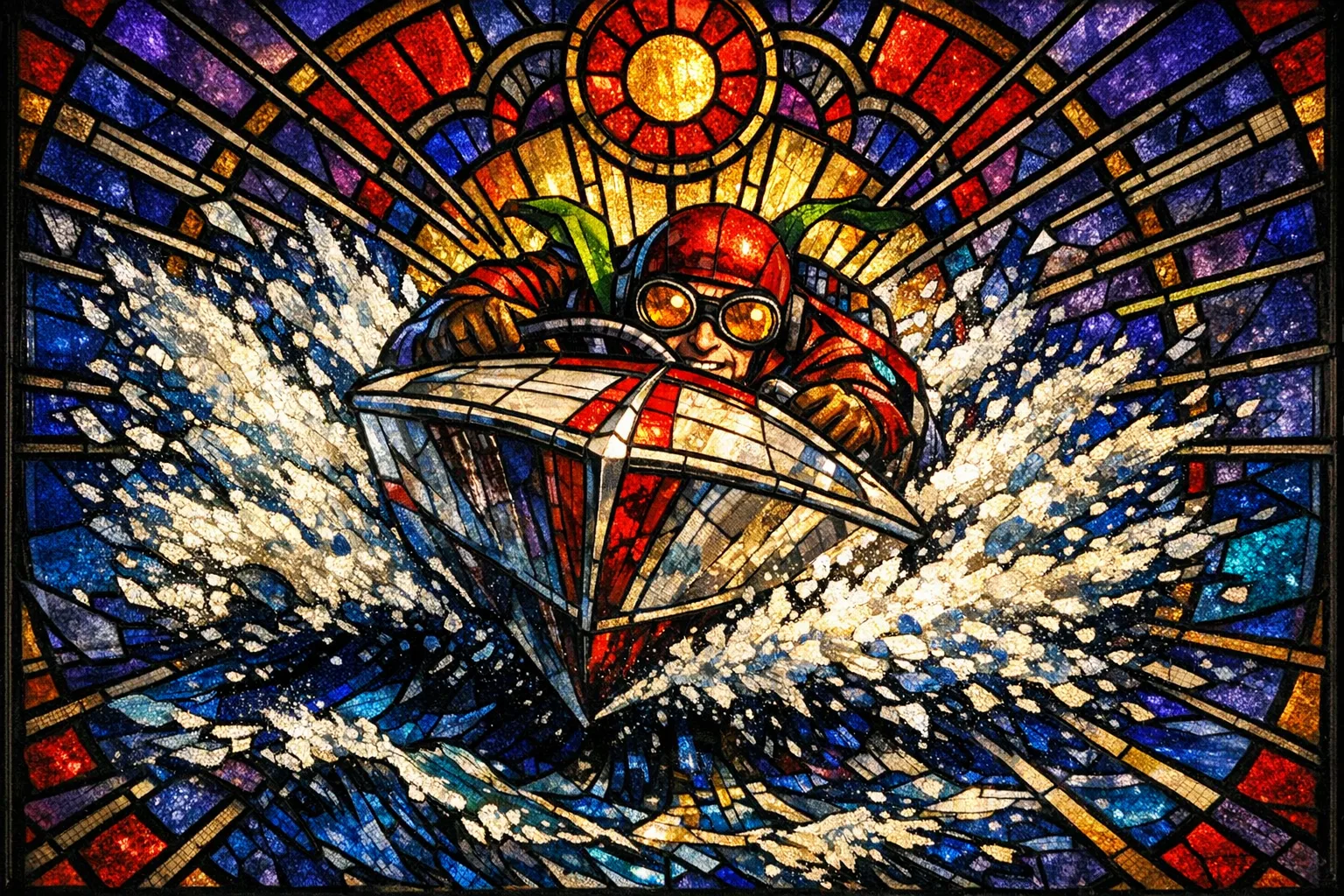 The Speedboat Charge — Cathedral stained glass × golden-age pulp comics