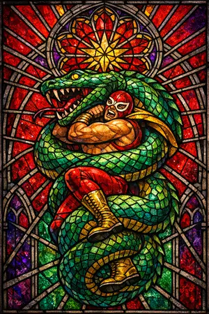 Wrestler and the Serpent — Cathedral stained glass × golden-age pulp comics