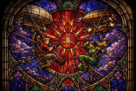 Zeppelin Boarding Party — Cathedral stained glass × golden-age pulp comics
