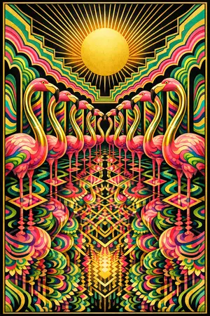 Flamingo Colonnade — 1930s Art Deco poster × blotter psychedelia
